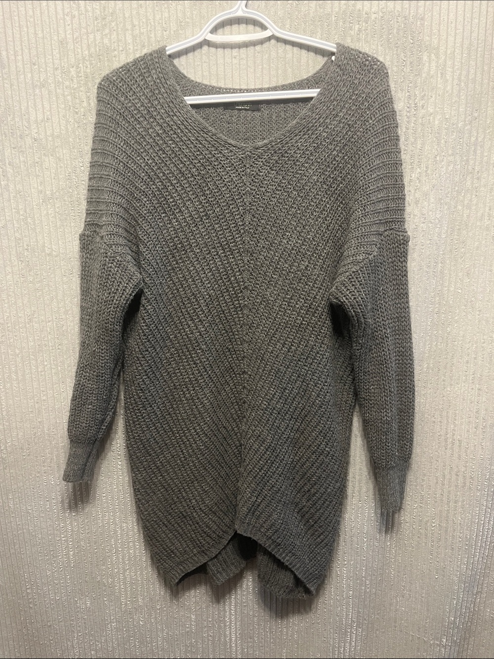 Relaxed V-Neck Chunky Knit Long Sweater - Gray L/XL